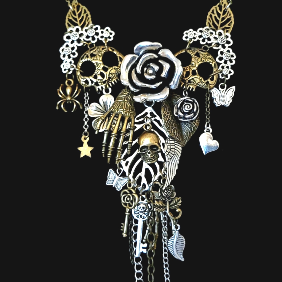 #478 Sugar Skulls & Roses Los Muertos Charm Pendant Fringe Statement Necklace